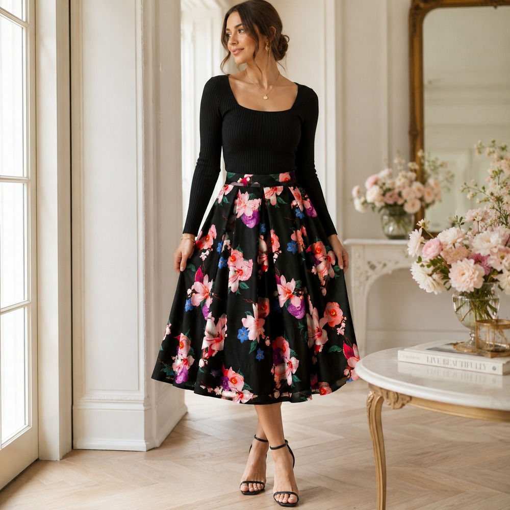 Floral Midi Swing Skirt Sz L Pleated Cottage Dark Romantic Rockabilly Retro
